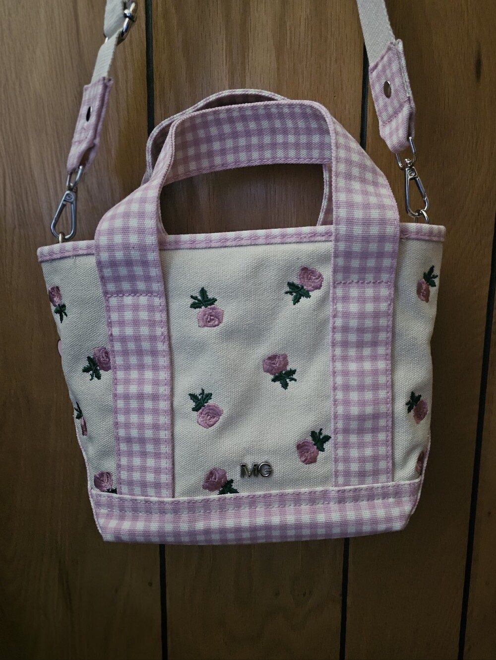 Madden Girl Pink Gingham Mini Tote w/ Rose Embroidery, Swan Charm & Mini Pouch